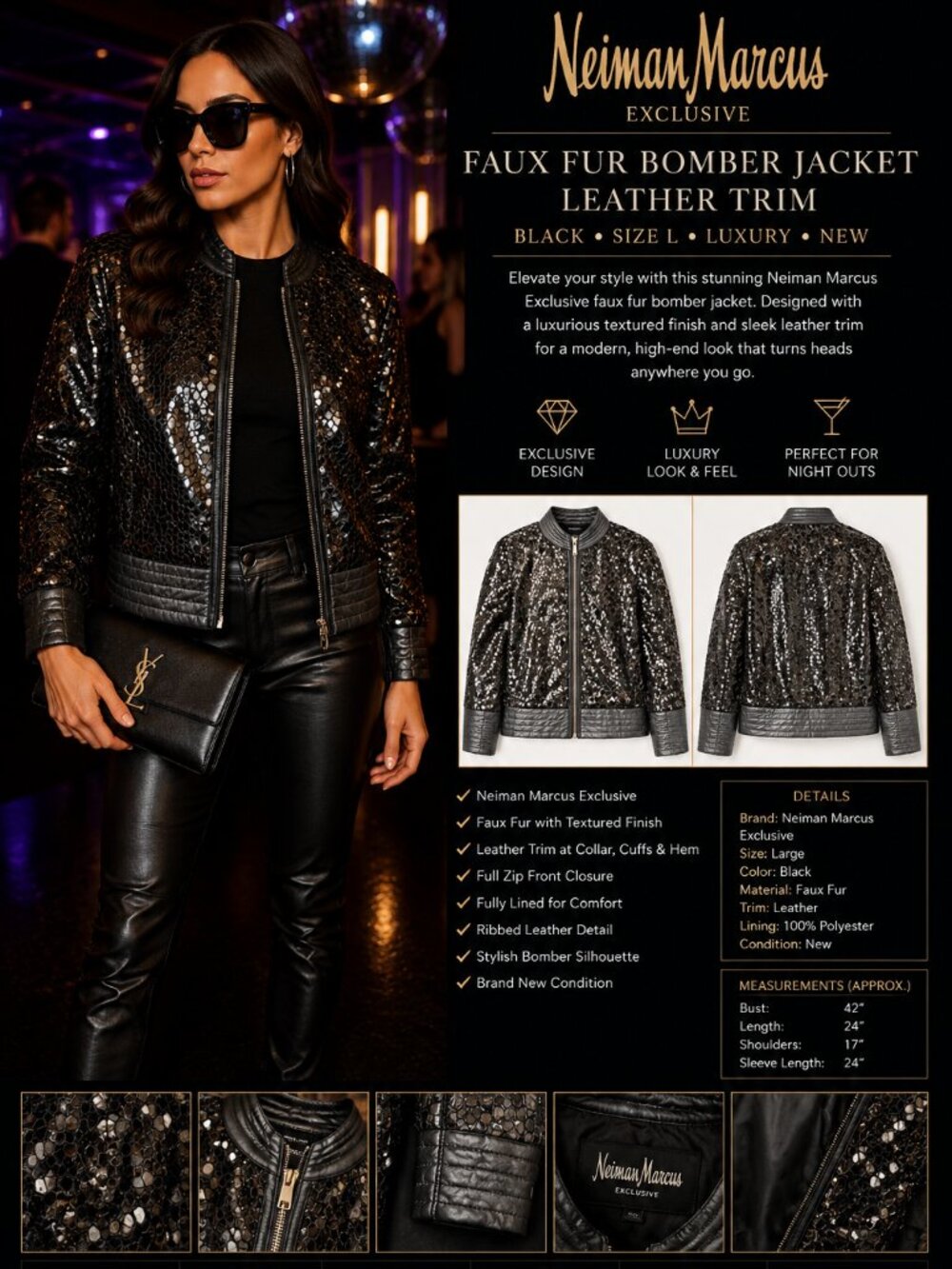 Neiman Marcus Exclusive Black Faux Fur Bomber Jacket Leather Trim Women’s Size L